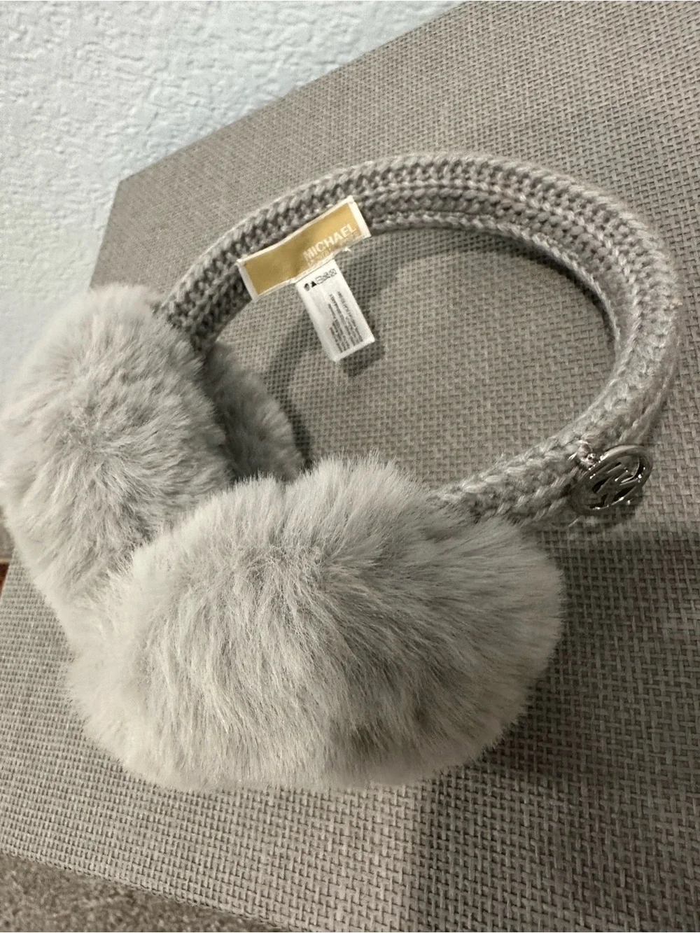 Michael Kors Light Gray Faux Fur Knit Earmuffs with Logo Accent